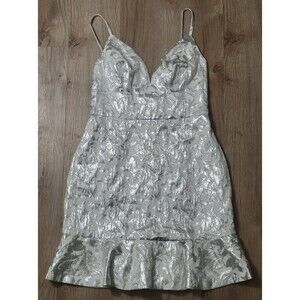 Lulus Can't Refuse White Silver Jacquard Ruffled Mini Party Holiday Dress small